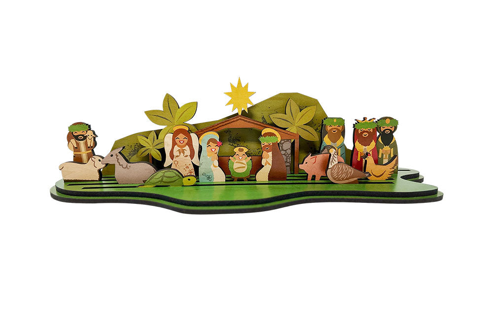 A wooden nativity scene set featuring cut-out letter shapes with figures of Mary, Joseph, and baby Jesus, along with other nativity characters, all crafted in a tropical theme with green and brown colors.