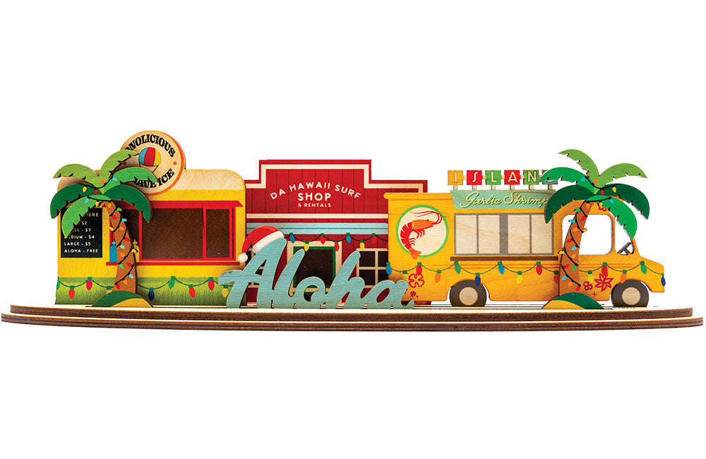Colorful 3D sign of a Hawaii surf shop, shave ice stand and shrimp truck with palm trees and 'Aloha' text on a white background