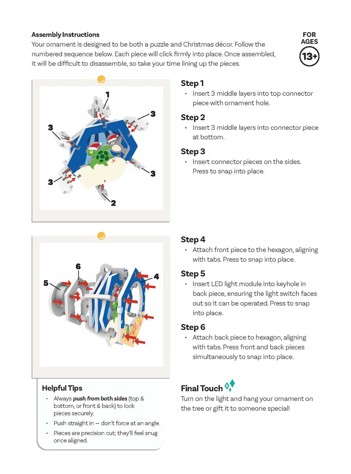 Assembly instructions for a puzzle Christmas ornament on a white background