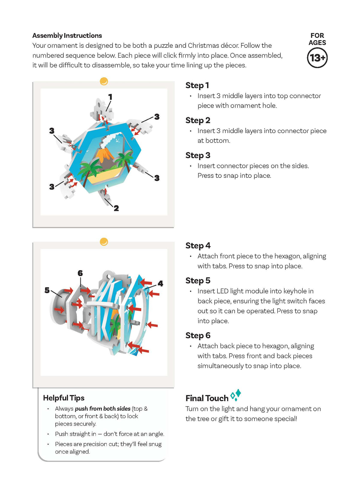Assembly instructions for a puzzle Christmas ornament on a white background