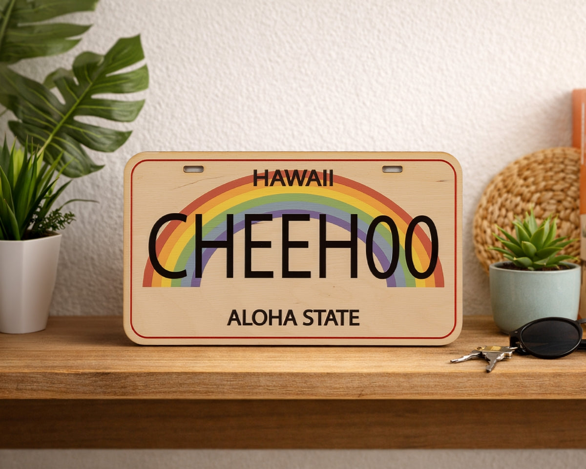 Wooden sign with rainbow and text on a shelf with plants and keys