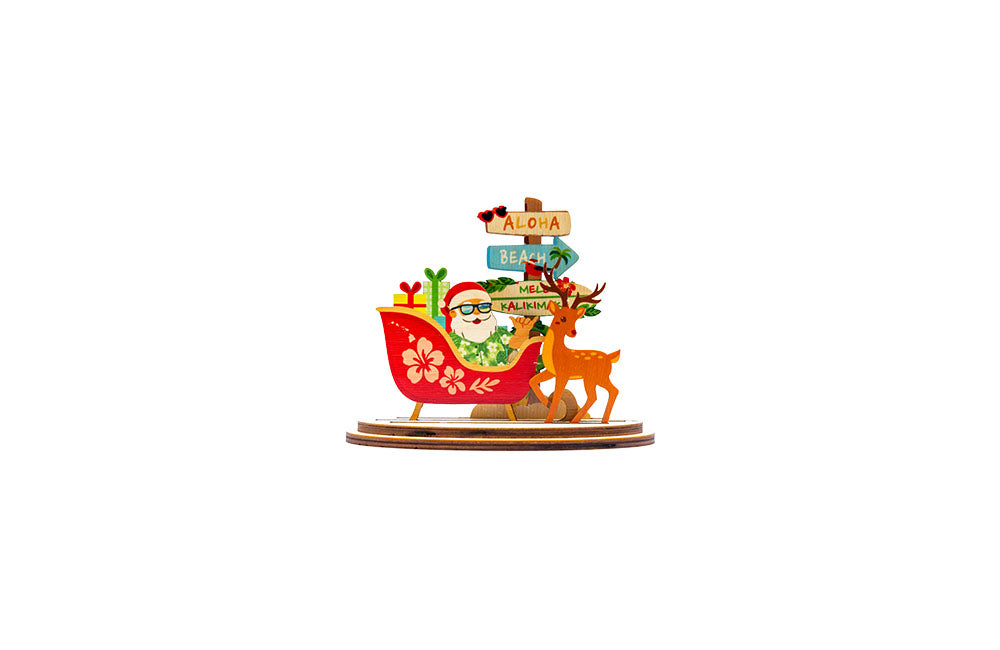 Decorative Christmas scene with Santa Claus, reindeer, and tropical elements on a white background