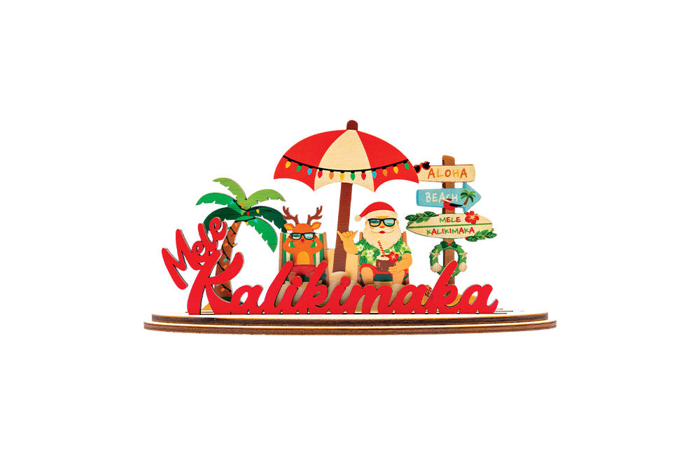 Decorative 3D holiday sign with Santa Claus and Rudolph under a beach umbrella, a Christmas palm tree, and festive directional sign on a white background
