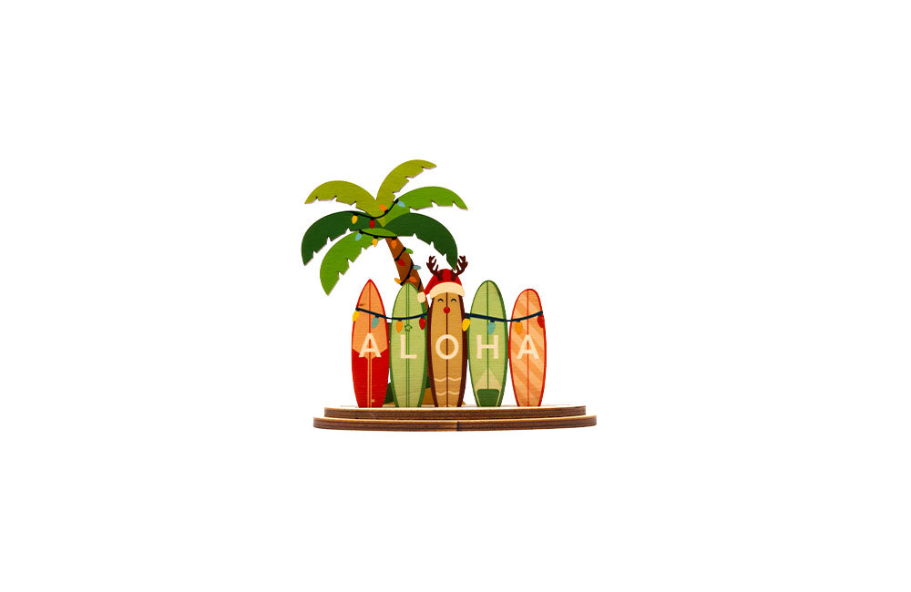 Decorative set with surfboards and a palm tree on a white background