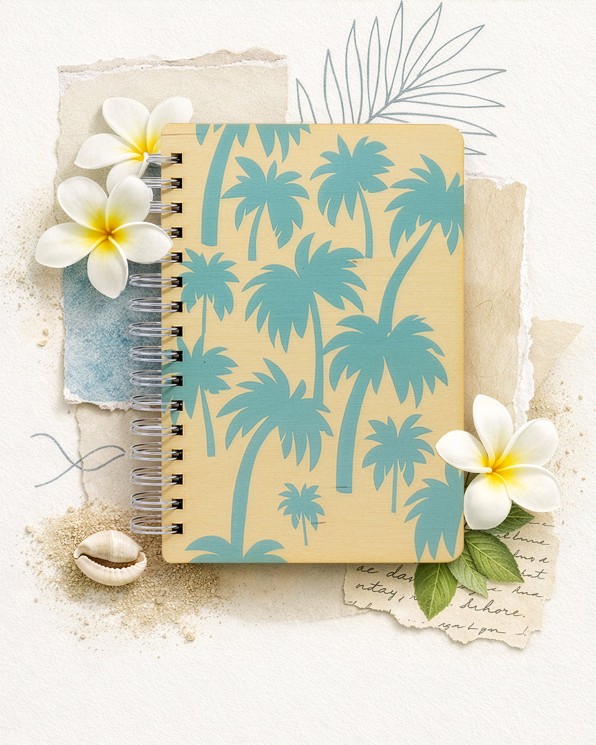 BLUE PALM PATTERN WOOD NOTEBOOK
