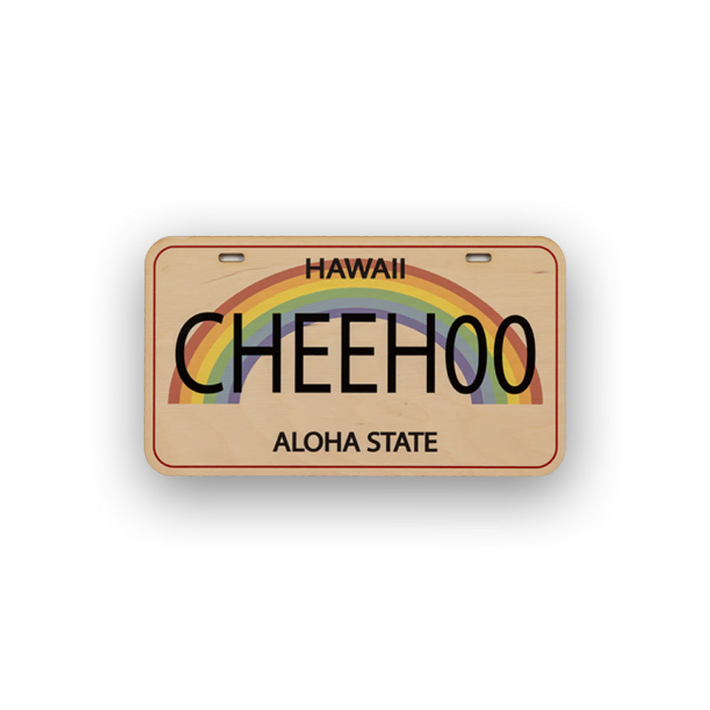 Hawaiian license plate with rainbow and 'CHEEHOO' text on a white background