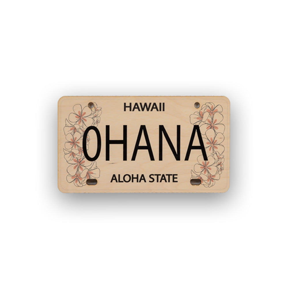 Hawaiian-style license plate with 'OHANA' and 'Aloha State' text on a white background