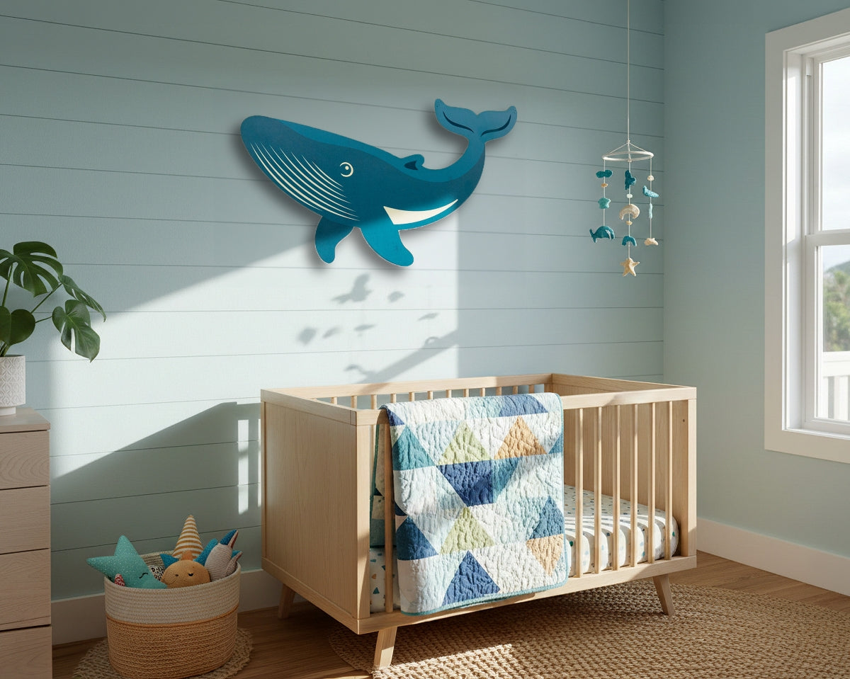 Children's room with wooden crib, whale wall decoration, and colorful bedding.