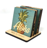 ALOHA PINEAPPLE WOOD COASTER SET