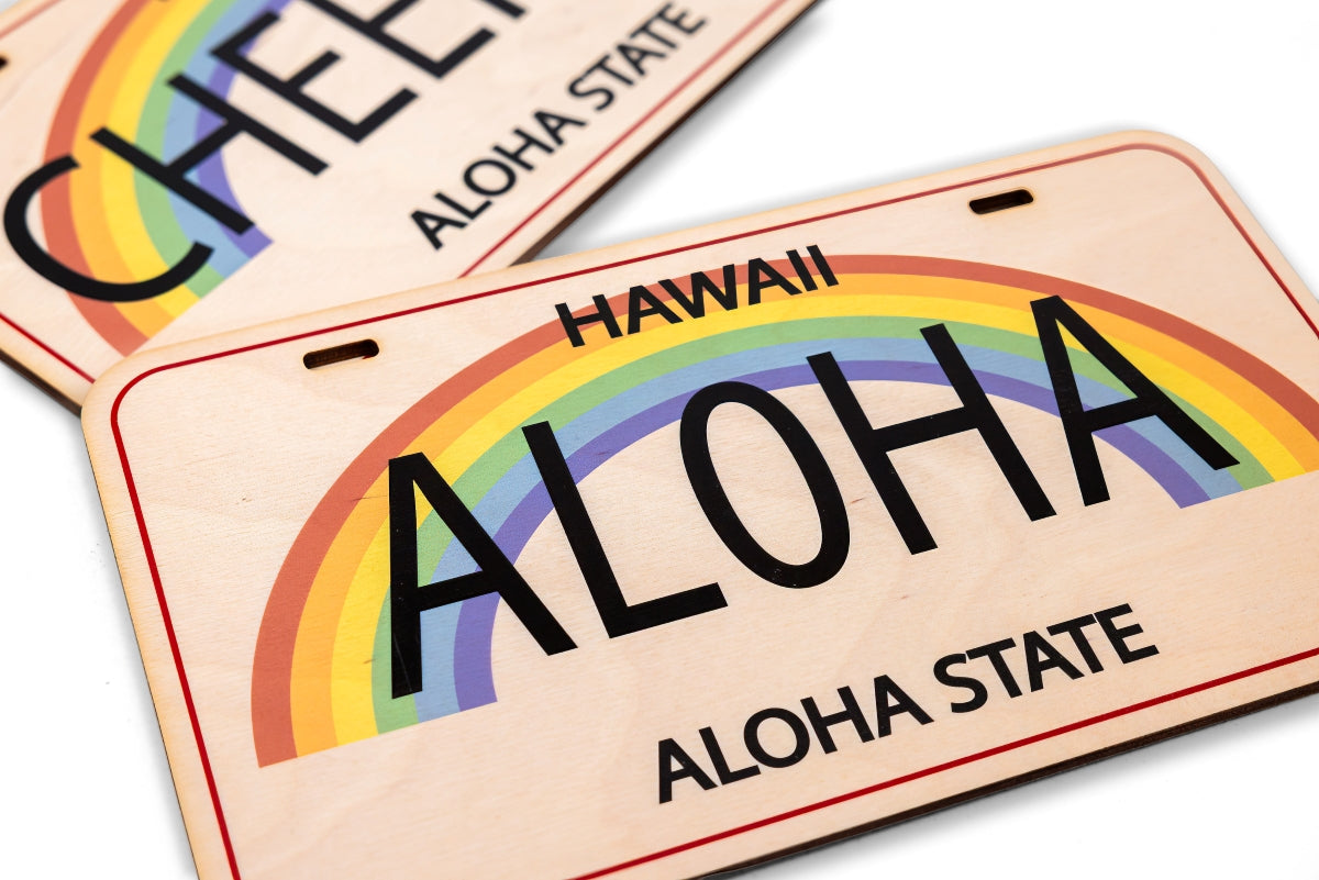 Hawaii license plate with rainbow design and 'Aloha' text on a white background