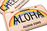 Hawaii license plate with rainbow design and 'Aloha' text on a white background