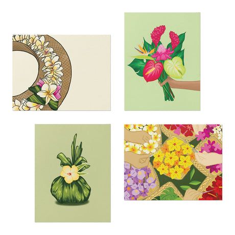 Four colorful illustrations of flowers and floral arrangements on a white background