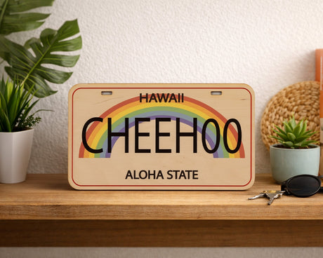 Wooden sign with rainbow and text on a shelf with plants and keys