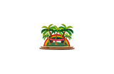3D decorative sign with grove of Christmas palm trees, rainbow, and Mele Kalikimaka text on a white background