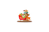 Decorative Christmas scene with Santa Claus, reindeer, and tropical elements on a white background