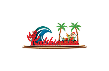 Decorative 3D holiday sign with 'Mele Kalikimaka' script, Santa Claus in a hammock, a blue wave and palm trees on a white background