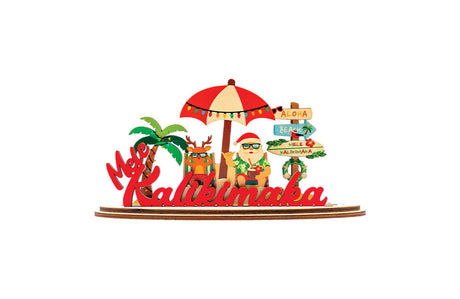 Decorative 3D holiday sign with Santa Claus and Rudolph under a beach umbrella, a Christmas palm tree, and festive directional sign on a white background