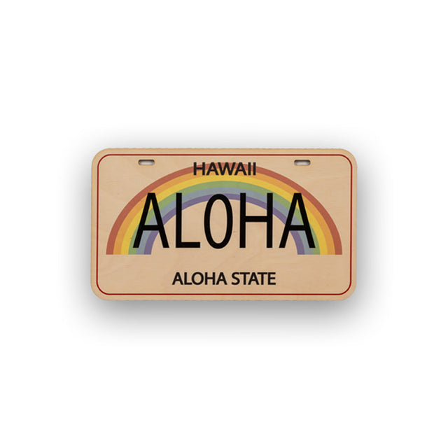 Hawaii license plate with rainbow design and 'Aloha' text on a white background