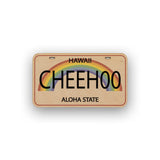 Hawaiian license plate with rainbow and 'CHEEHOO' text on a white background
