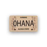 Hawaiian-style license plate with 'OHANA' and 'Aloha State' text on a white background