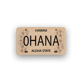 Hawaiian-style license plate with 'OHANA' and 'Aloha State' text on a white background
