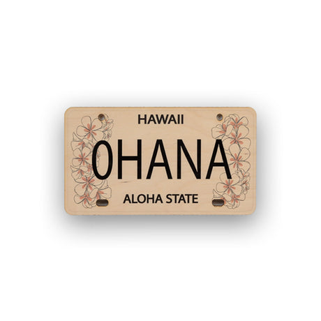 Hawaiian-style license plate with 'OHANA' and 'Aloha State' text on a white background