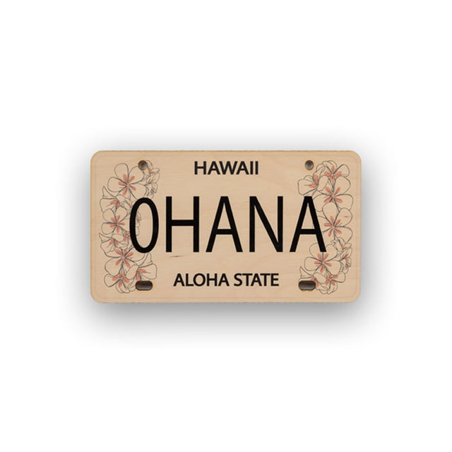 Hawaiian-style license plate with 'OHANA' and 'Aloha State' text on a white background