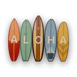 ALOHA text on neutral color wood surfboards cutout on white background