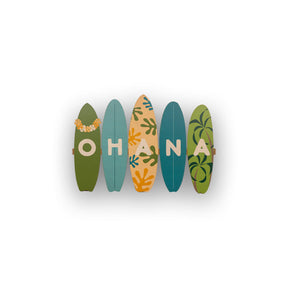 OHANA text on green and blue wood surfboards cut out on white background