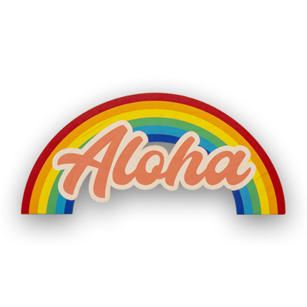 Colorful rainbow-shaped sign with 'Aloha' text on a white background