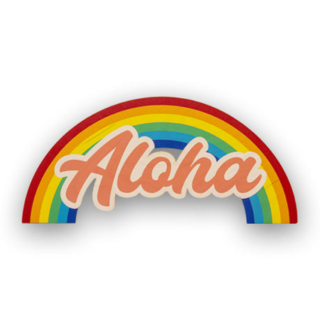 Colorful rainbow-shaped sign with 'Aloha' text on a white background