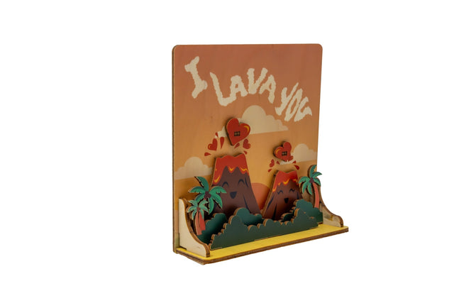 Decorative sign with 'I Lava You' text and volcano design on a white background